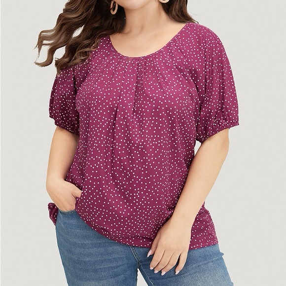 BloomChic Tops - BloomChic Purple & White Polka Dot Balloon Sleeve Pleat-Neck Top Plus Size 2X
